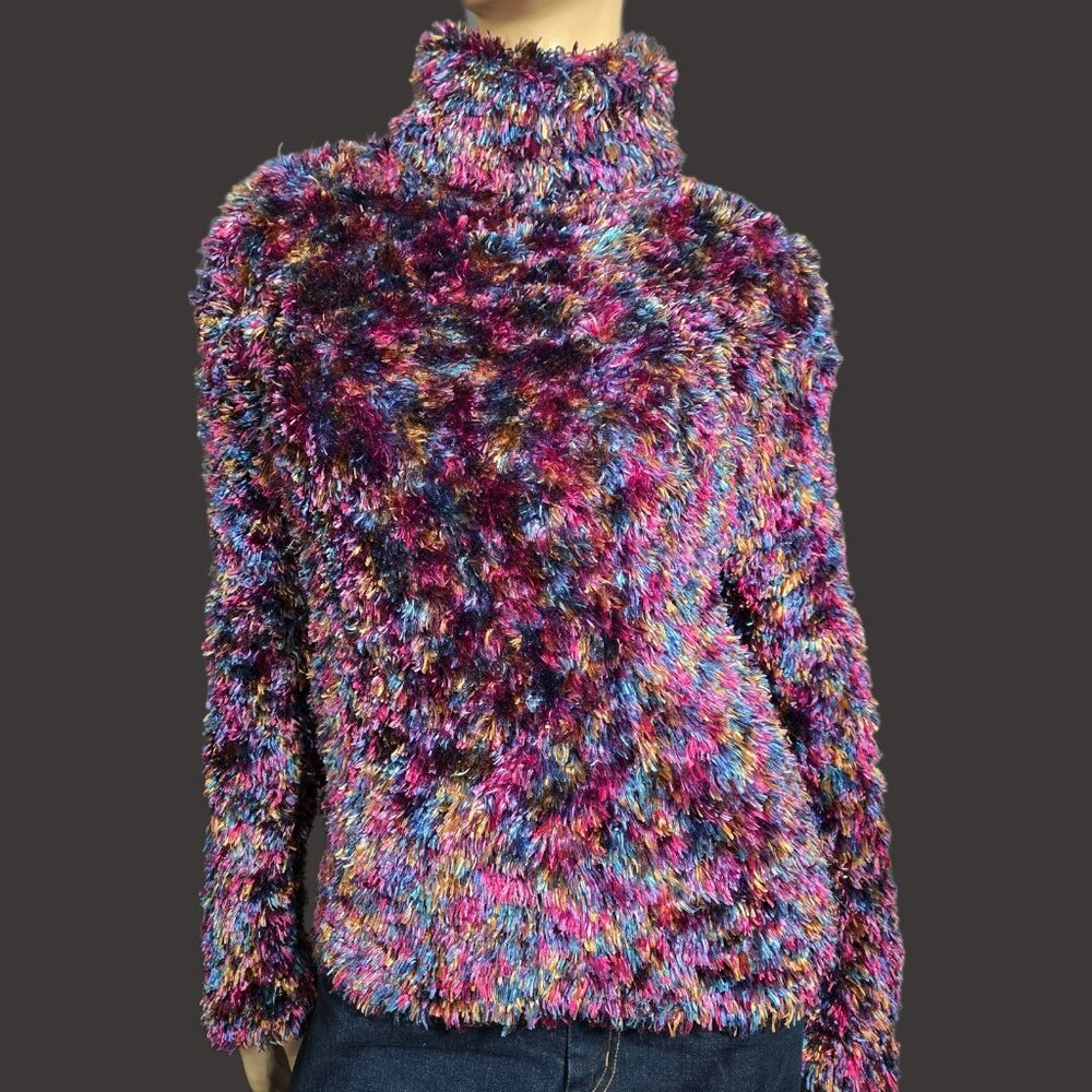 Vintage 90s Shaggy Colorful Sweater Size M Fluffy Eyelash Faux Fur Rave Festival